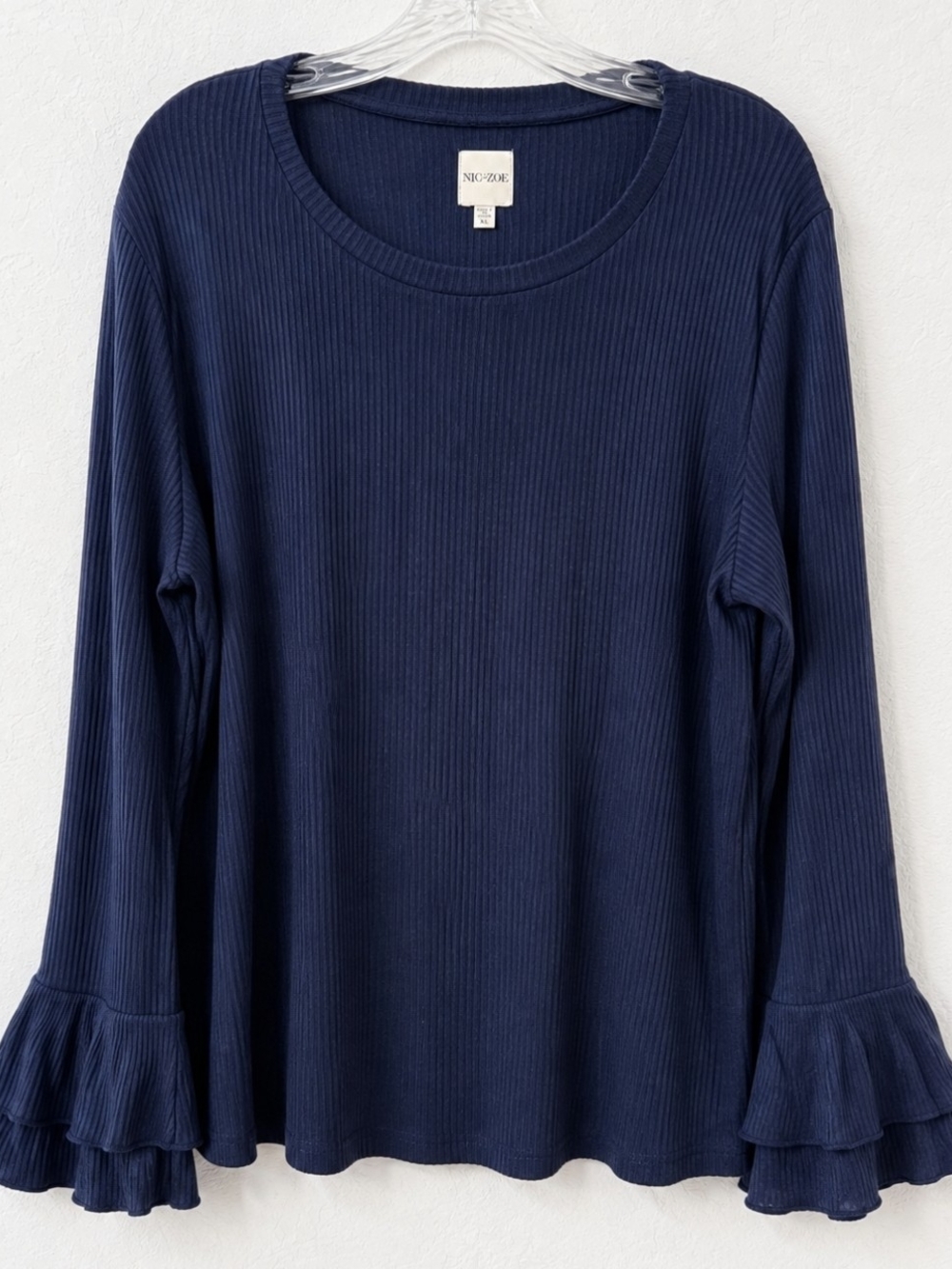 NIC+ZOE Navy Ribbed Long-Sleeve Top with Tiered Ruffle Cuffs